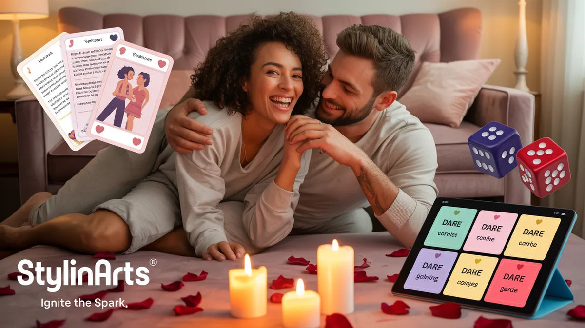 Playful couple laughing and playing romantic card and dice games together on a cozy bed, surrounded by rose petals and candles, highlighting the Flirty Fun & Games collection by StylinArts