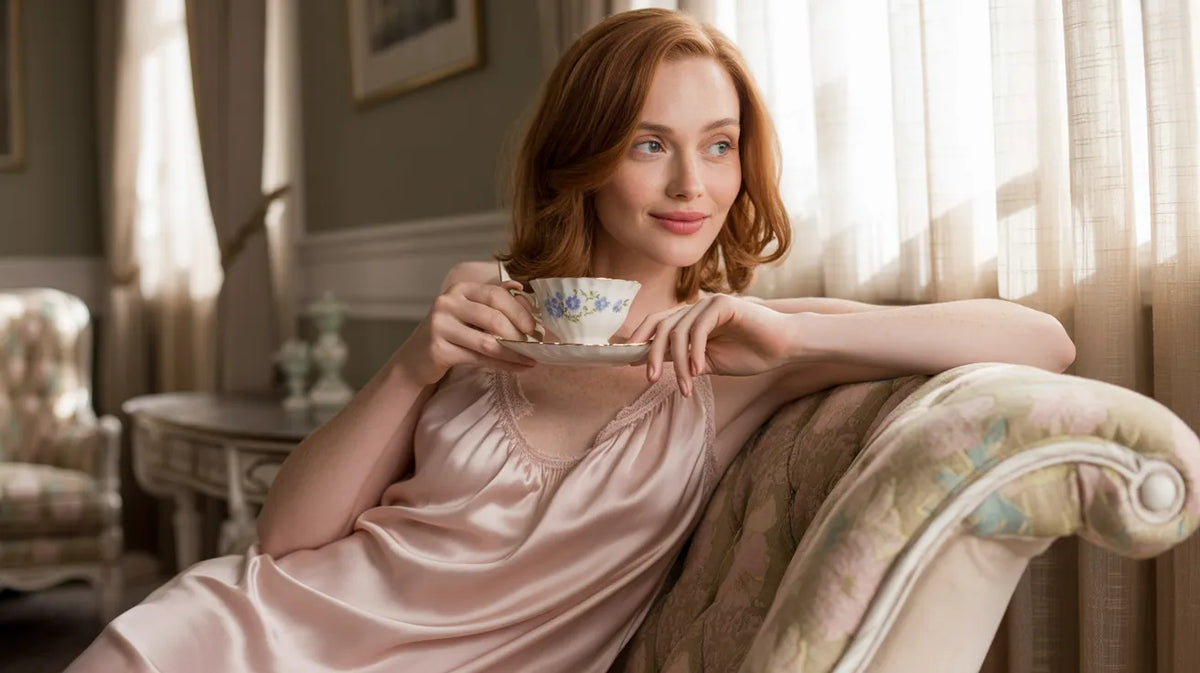 Elegant woman lounging in a silky robe or nightdress on a plush bed, showcasing the luxury women’s sleepwear collection by StylinArts