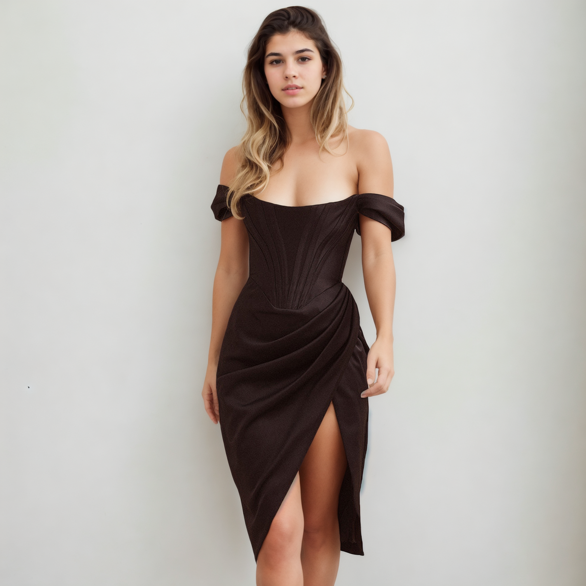 Soirée Noire: Off-Shoulder Black Dress.-Bustier Dress-StylinArts