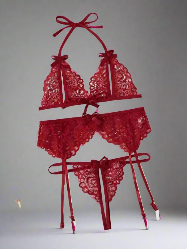 Passionate Red Lace Three-Piece Lingerie Set - StylinArts-Basques-StylinArts