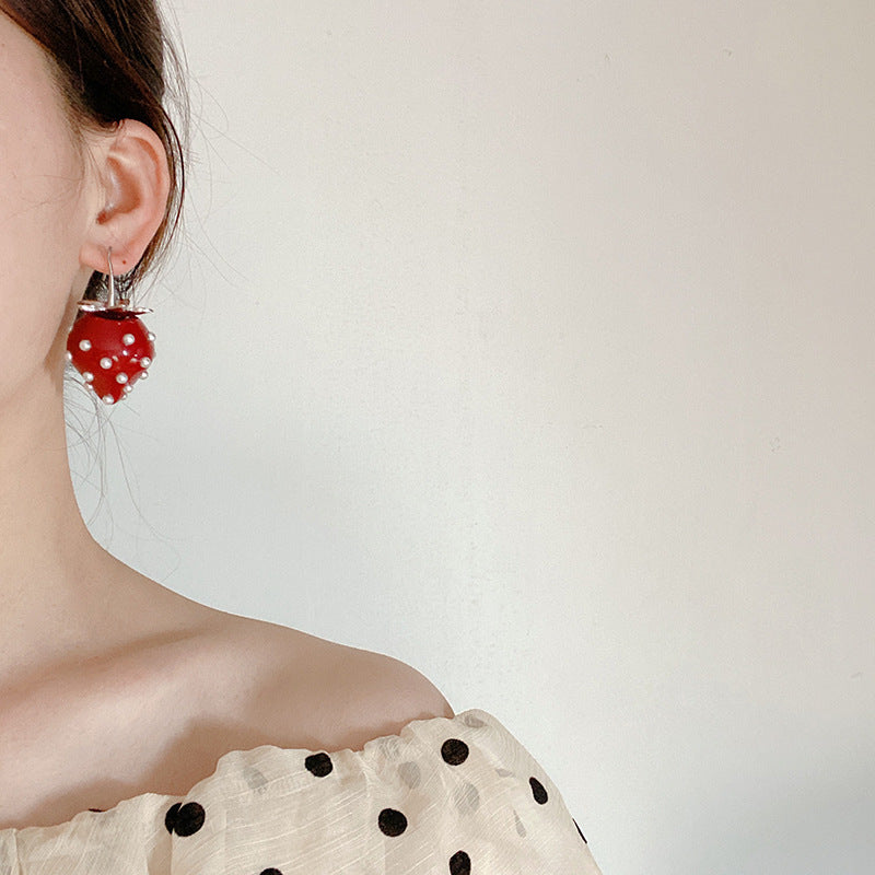 Whimsical Strawberry Drop Earrings – Playful Pearl-Adorned Fruit Design-Fashion Earrings-StylinArts