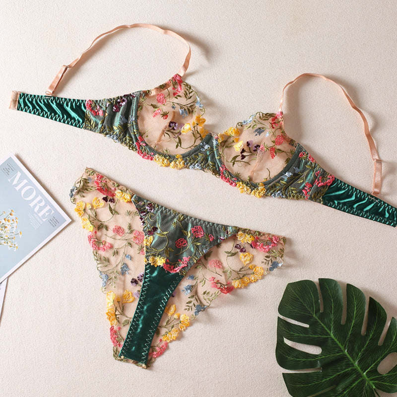 Vibrant Floral Embroidered Mesh Lingerie Set - StylinArts-Bras and Briefs-StylinArts