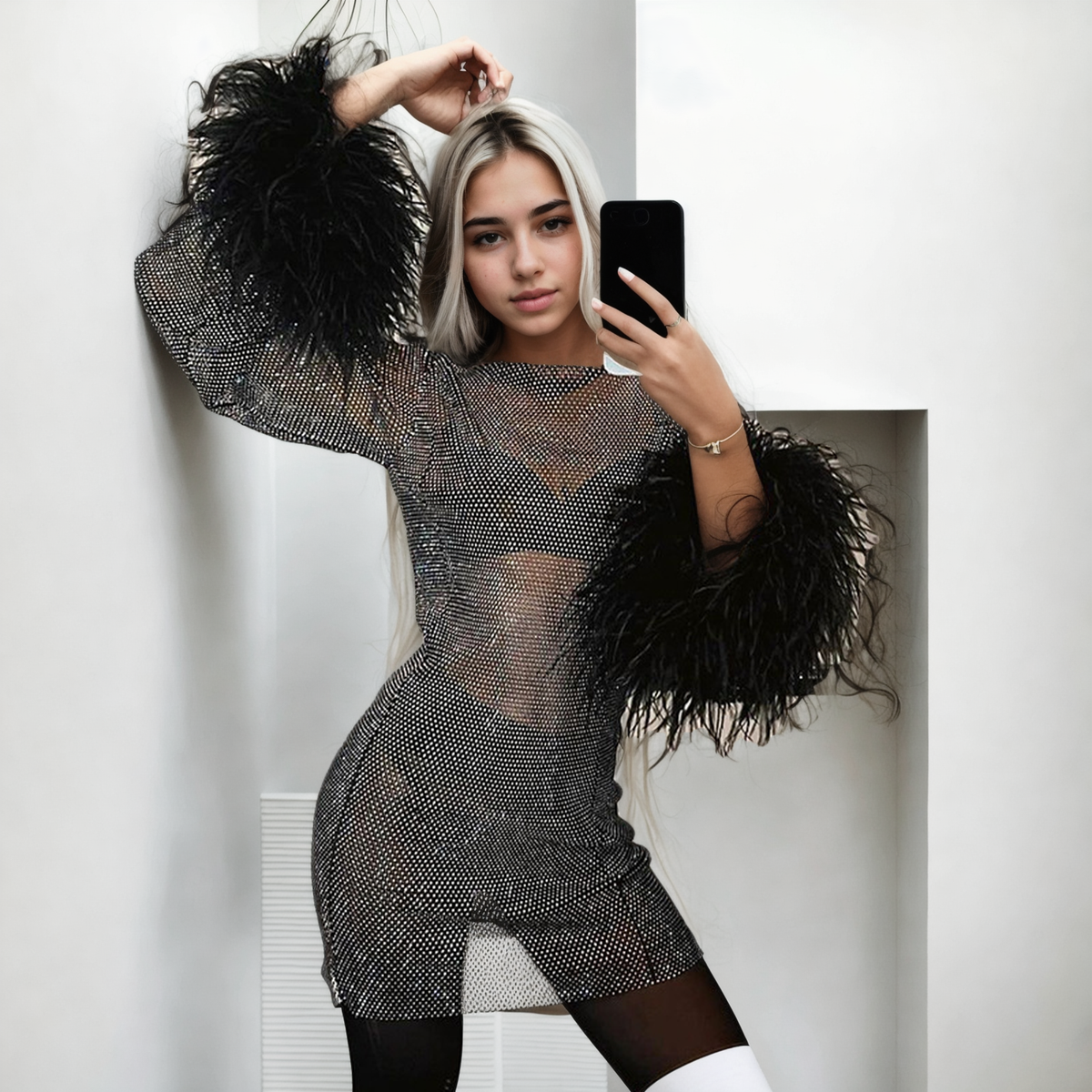 Trendy Autumn: Glittering Mesh Dress with Furry Thin Detail - StylinArts