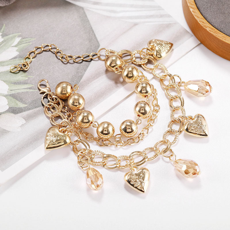 Golden Harmony: Heart & Crystal Layered Charm Bracelet-Fashion Necklaces-StylinArts