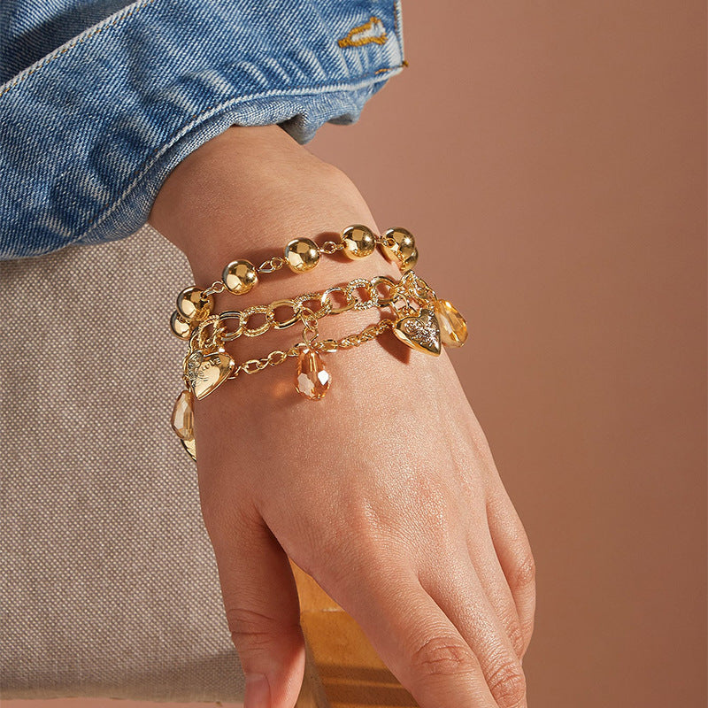 Golden Harmony: Heart & Crystal Layered Charm Bracelet-Fashion Necklaces-StylinArts