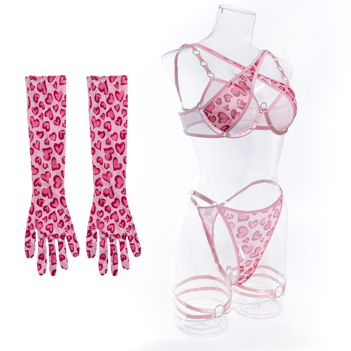 Playful Heart-Print Mesh Lingerie Set - StylinArts-Bras and Briefs-StylinArts