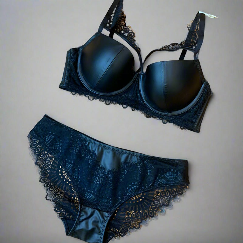 Midnight Allure Glossy Lace Bra Set - StylinArts-Bras and Briefs-StylinArts