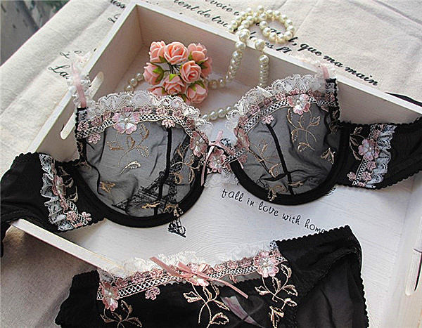 Elegant Floral Lace and Spandex Bra and Thong Set - StylinArts-Bras and Briefs-StylinArts