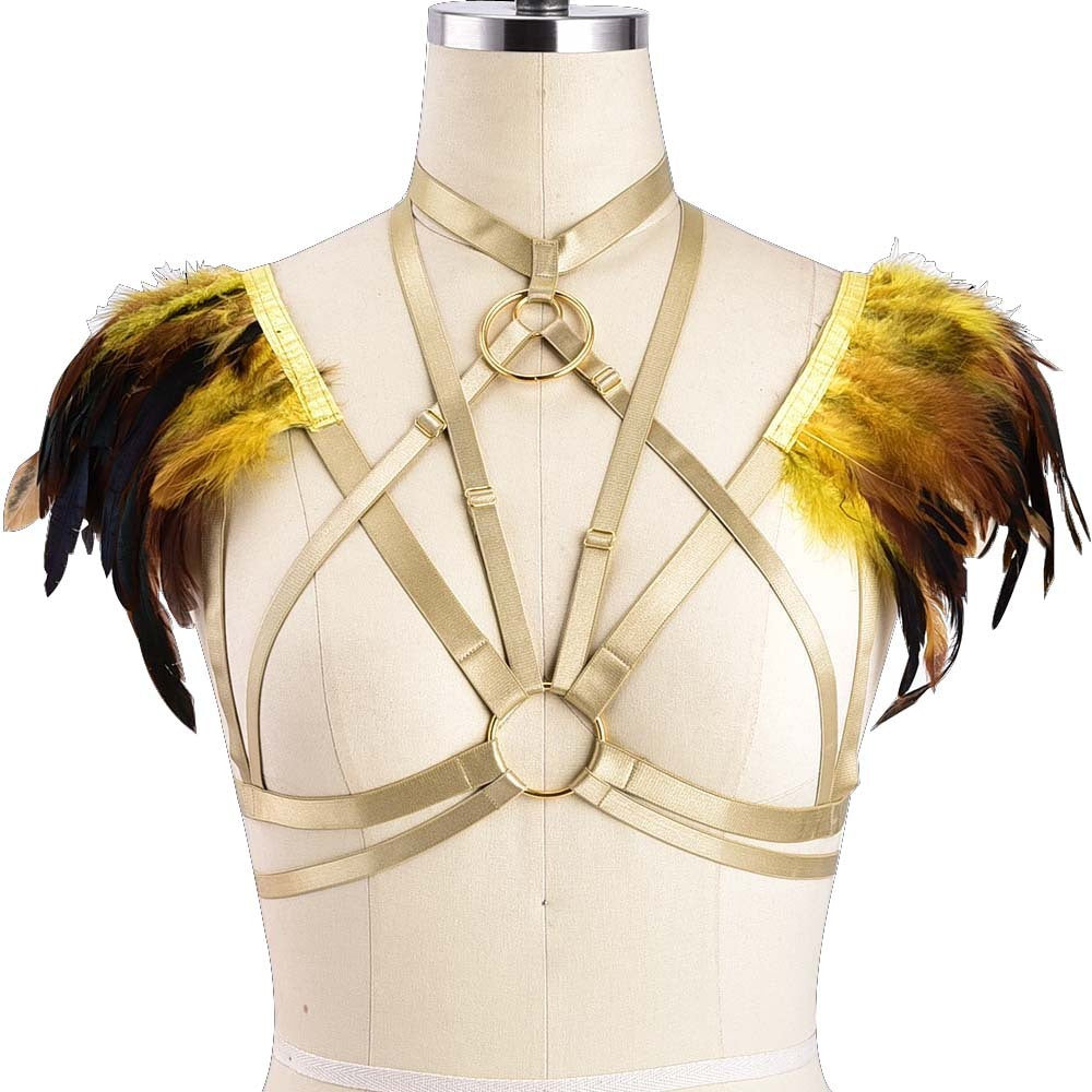 Stunning Feather Shoulder Harness Lingerie - StylinArts-Bras and Briefs-StylinArts