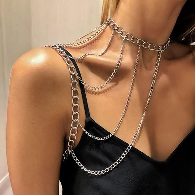 Cascading Elegance: Multi-Layered Silver Body Chain-Body Jewellery-StylinArts