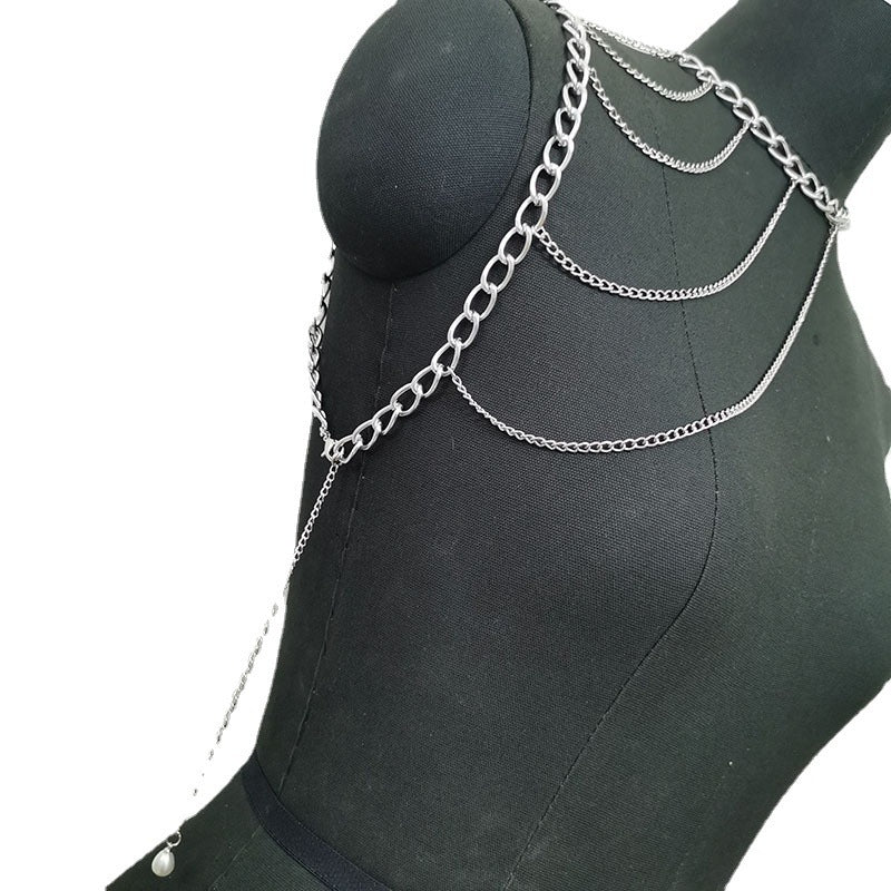 Cascading Elegance: Multi-Layered Silver Body Chain-Body Jewellery-StylinArts