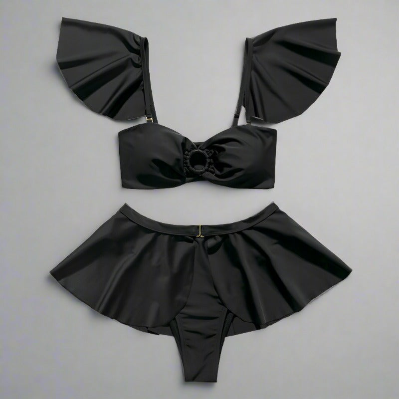 Elegant Black Ruffle Skirted Bikini Set-Skirted Bottom-StylinArts