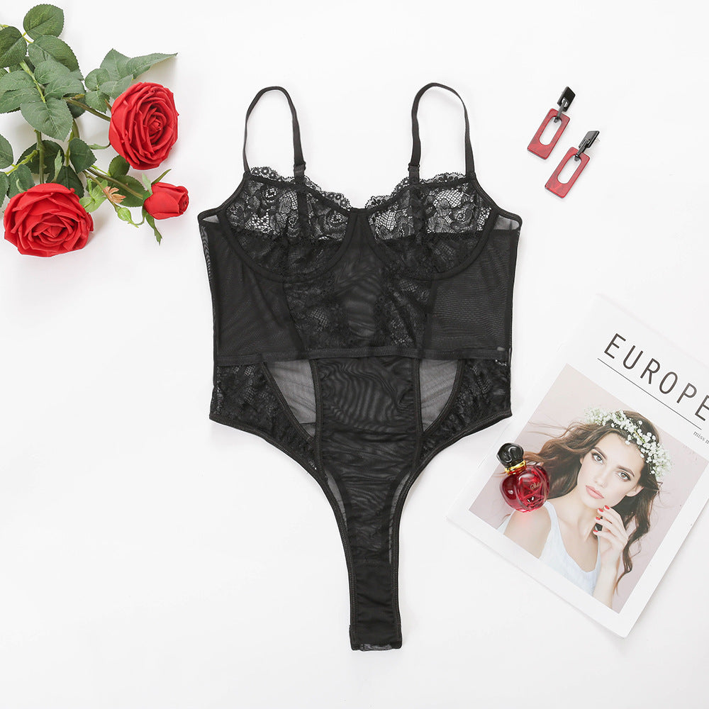 Midnight Reverie – Elegant Black Lace Bodysuit with Sheer Mesh Panels