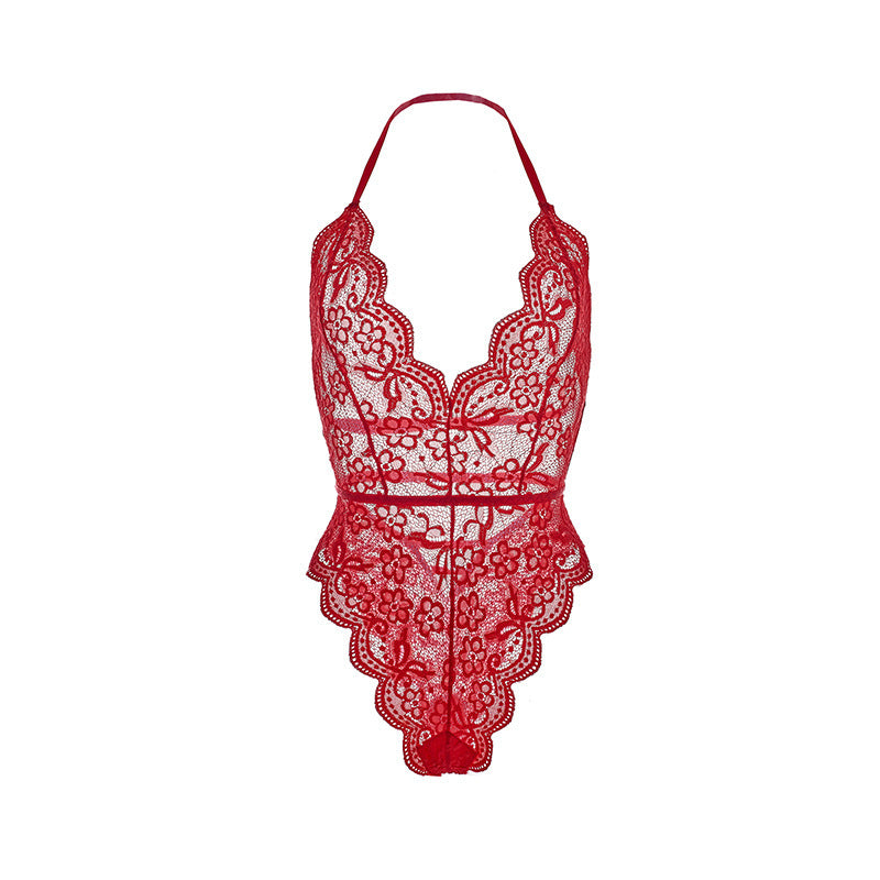 Enchanted Allure – Delicate Floral Lace Bodysuit with Plunging Neckline