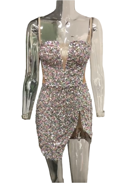 Sophisticated Silver Sling Mini Dress: Deep V-Neck Sequin Party Gown - StylinArts