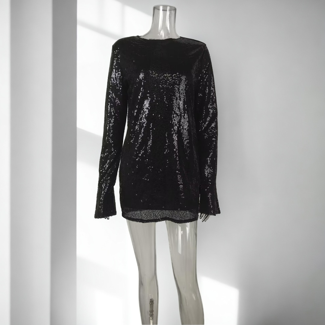 Starlit Glamour: Sequin Atmosphere Shiny Backless Long Sleeves Dress-Mini Dress-StylinArts