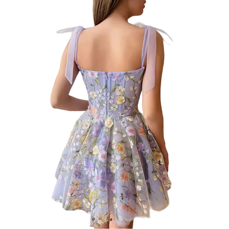 Ethereal Blossom: Three-Dimensional Flower Embroidered Sling Dress-A Line Dress-StylinArts