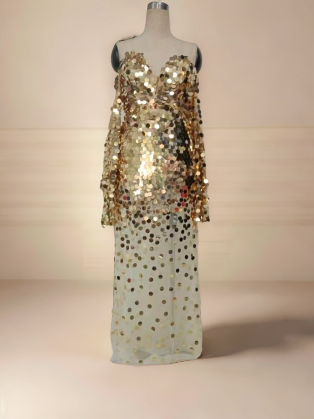 Radiant Allure Sequin Mesh Gown: Off-Shoulder Elegance-Bodycon Dress-StylinArts