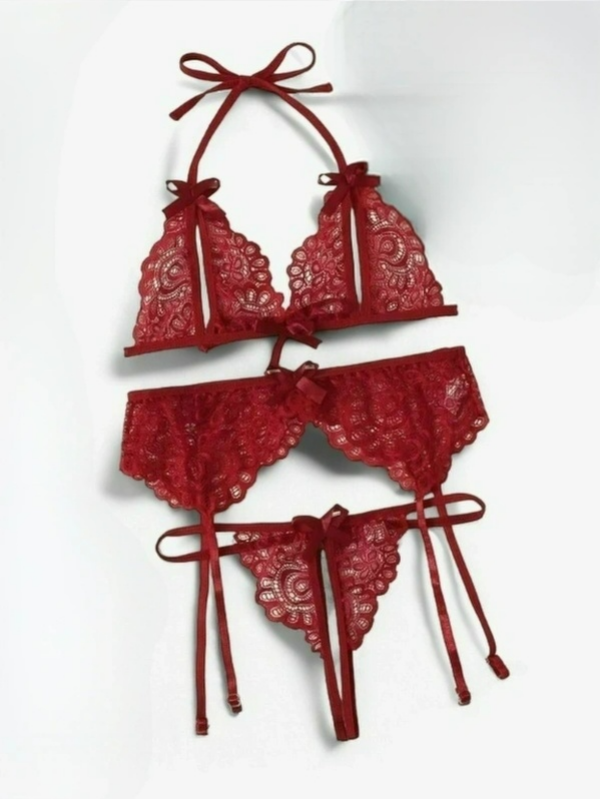 Passionate Red Lace Three-Piece Lingerie Set - StylinArts-Basques-StylinArts