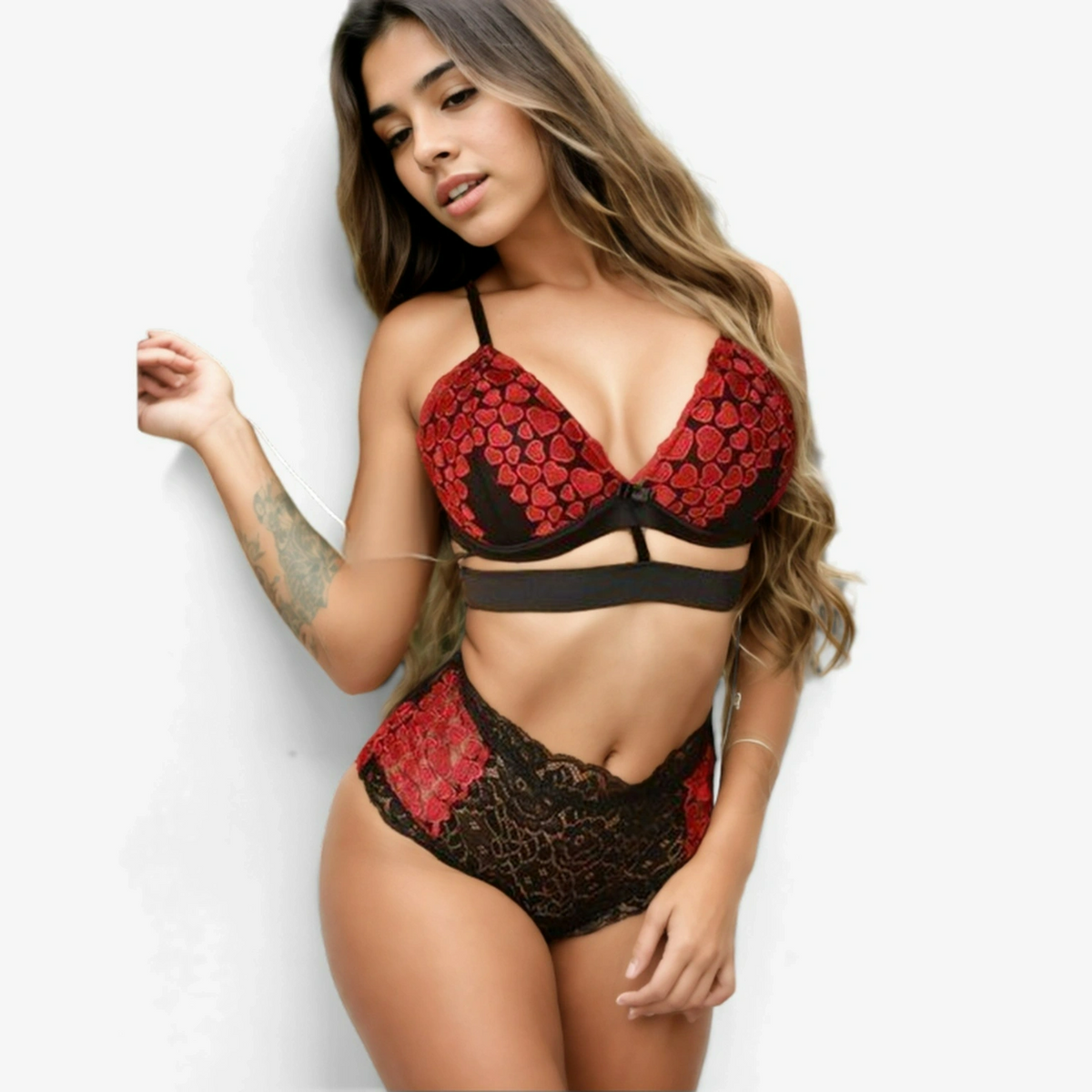 Bold Red and Black Lace Lingerie Ensemble - StylinArts-Bras and Briefs-StylinArts