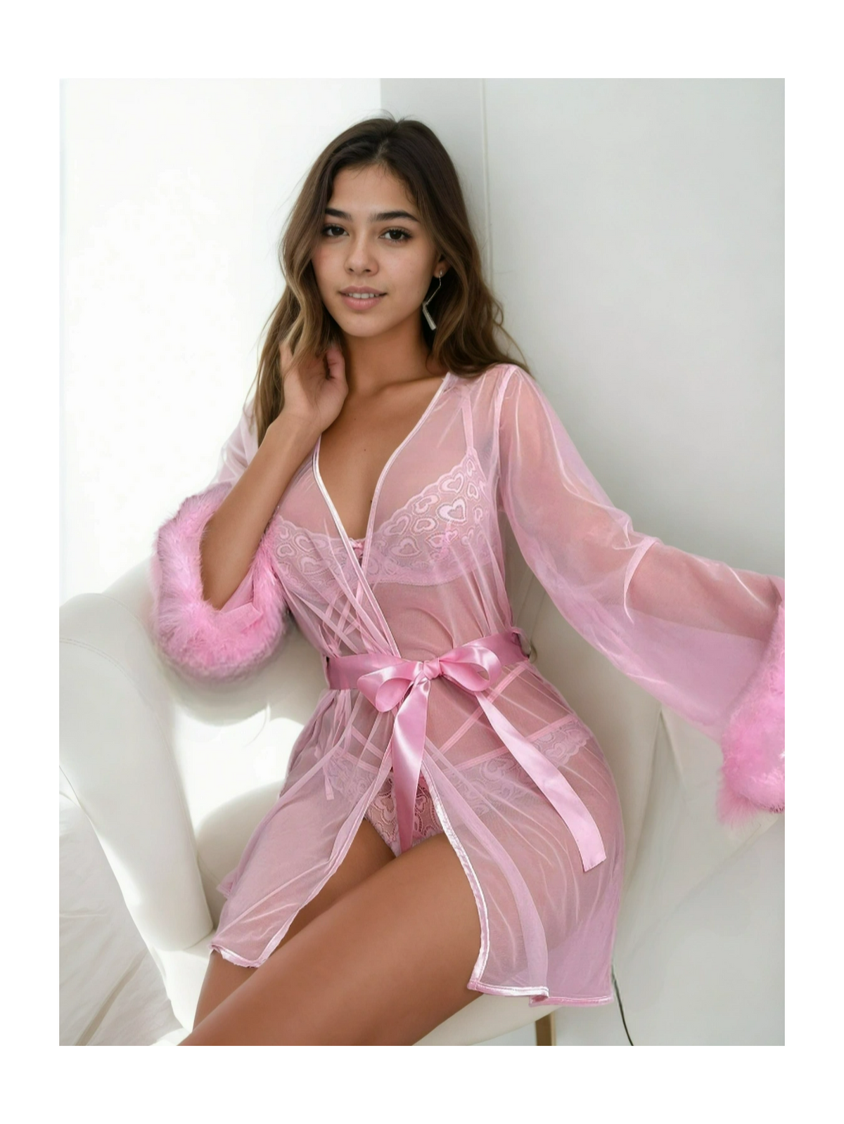 Enchanting Heart-Embroidered Lingerie Ensemble with Sheer Robe - StylinArts-Bras and Briefs-StylinArts