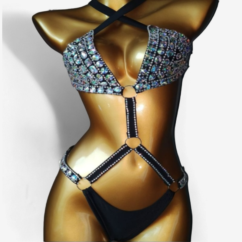 Radiant Dazzle Rhinestone Embellished Strappy Bodysuit – Unleash Your Inner Diva-Bodies & Teddies-StylinArts