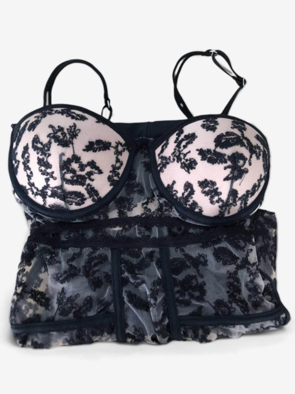 Midnight Whisper – Black Floral Lace & Sheer Bodysuit with Underwire Cups