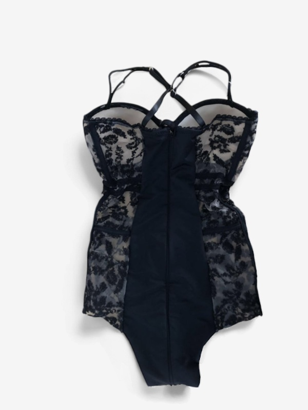 Midnight Whisper – Black Floral Lace & Sheer Bodysuit with Underwire Cups