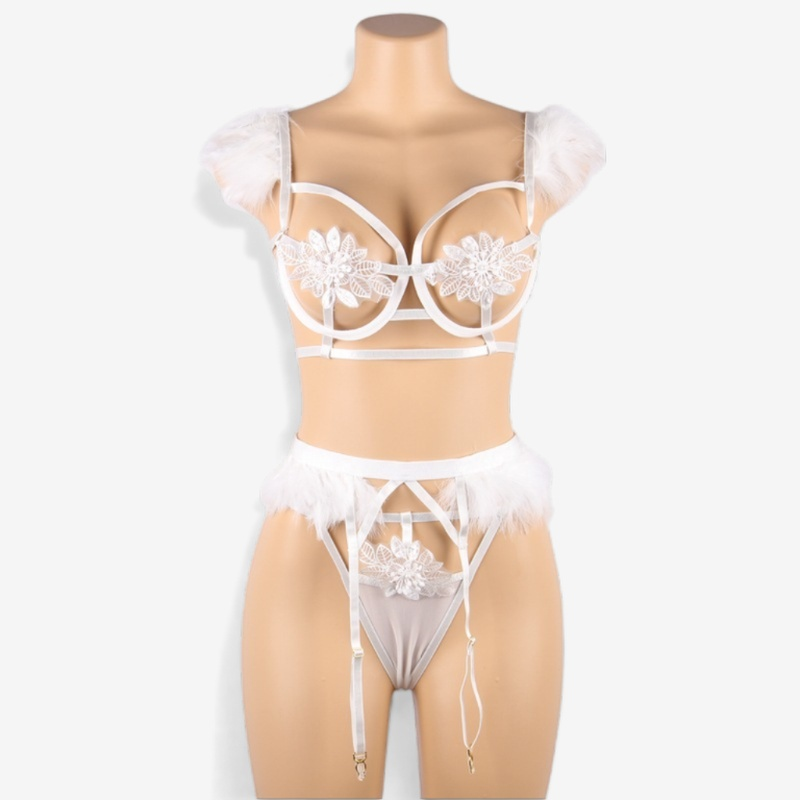 Angel's Embrace Feather-Embellished White Lace Lingerie Set