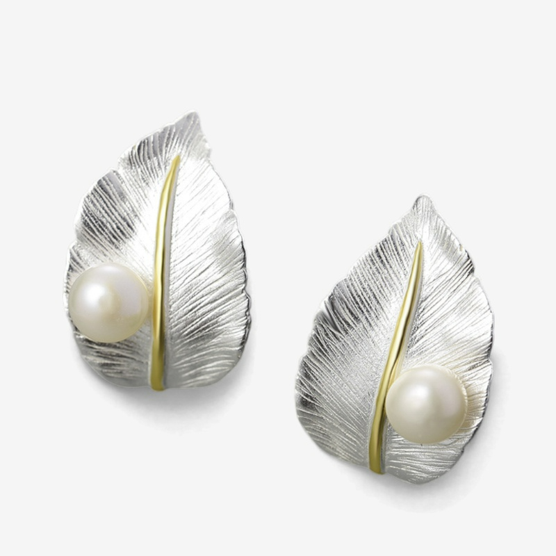 Whispering Elegance Sterling Silver Pearl Leaf Earrings - Feminine Luxury