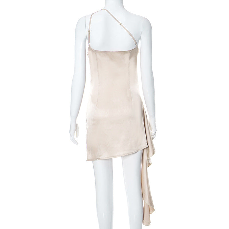 Seasonal Chic: Autumn Winter Oblique Shoulder Sleeveless Slim Dress-One Shoulder-StylinArts