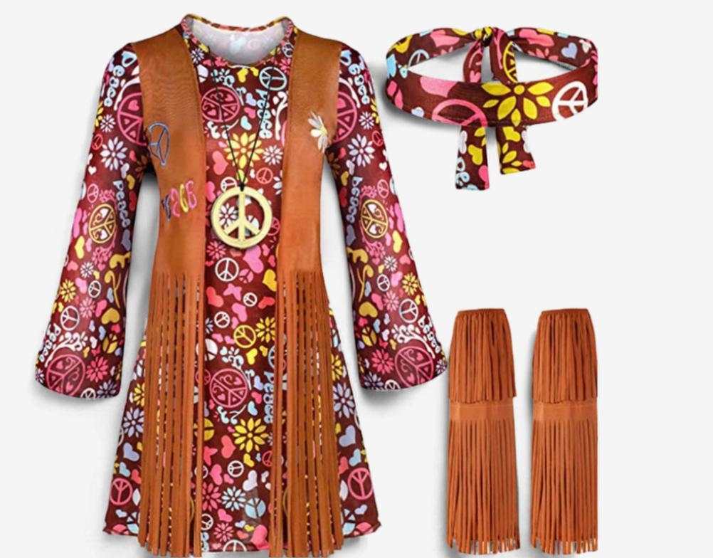 Groovy Hippie Babe Costume – Fringe Vest & Psychedelic Mini Dress-Intimate Roleplay Outfits-StylinArts