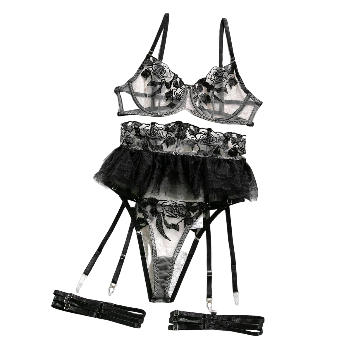 Nocturna Embroidered Tulle Garter Set-Black-L-Basques-StylinArts