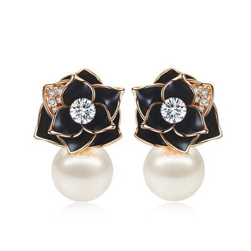 18k Rose Gold Midnight Rose Pearl Drops-18K Gold Plated Earrings-StylinArts