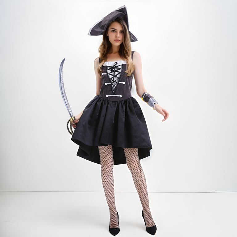 Seductive Pirate Wench Costume – Corset Top & High-Low Skirt-Intimate Roleplay Outfits-StylinArts