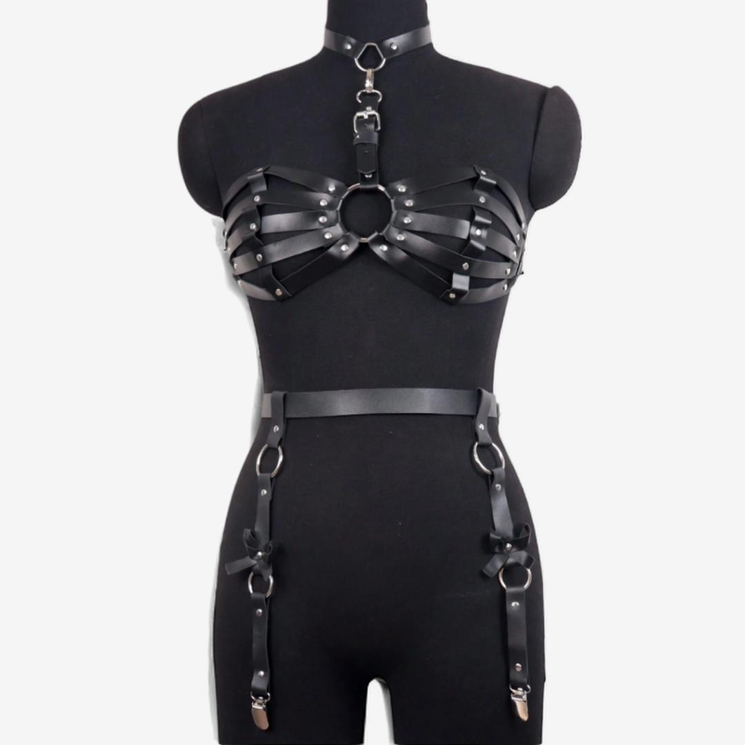 Dominion Luxe Leather Harness Lingerie Set-Suspender Belts-StylinArts