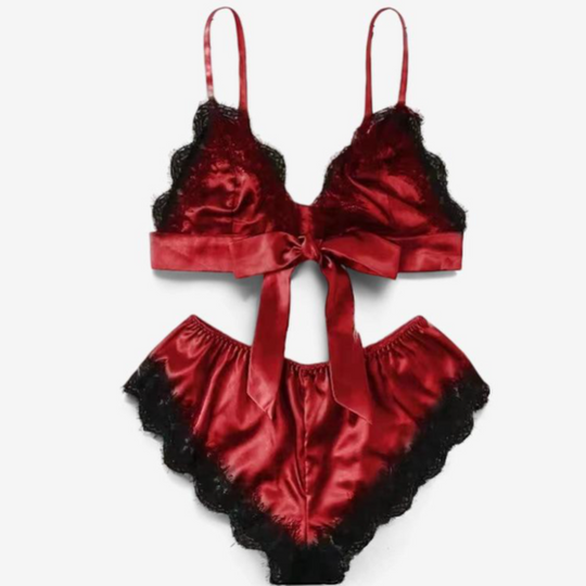Veloura Satin Lace Set-Wine Red-L-Bras and Briefs-StylinArts