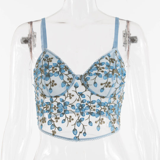 Azurea Jardin Embroidered Longline-Blue-L-Bras and Briefs-StylinArts