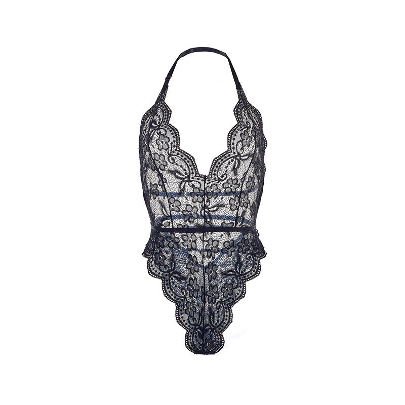 Enchanted Allure – Delicate Floral Lace Bodysuit with Plunging Neckline