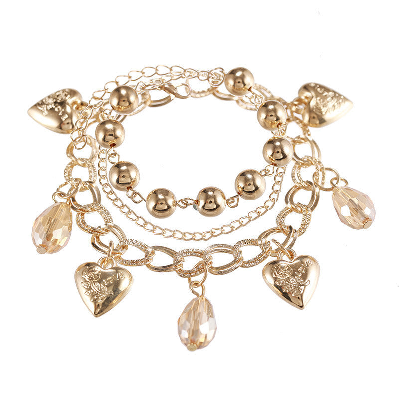 Golden Harmony: Heart & Crystal Layered Charm Bracelet-Fashion Necklaces-StylinArts