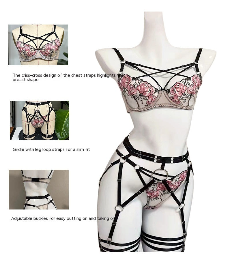 Seductive Pink Lace Lingerie Set with Strappy Details - StylinArts-Basques-StylinArts