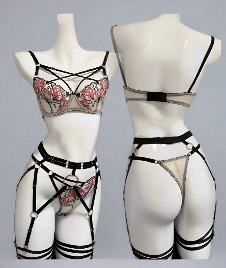 Seductive Pink Lace Lingerie Set with Strappy Details - StylinArts-Basques-StylinArts