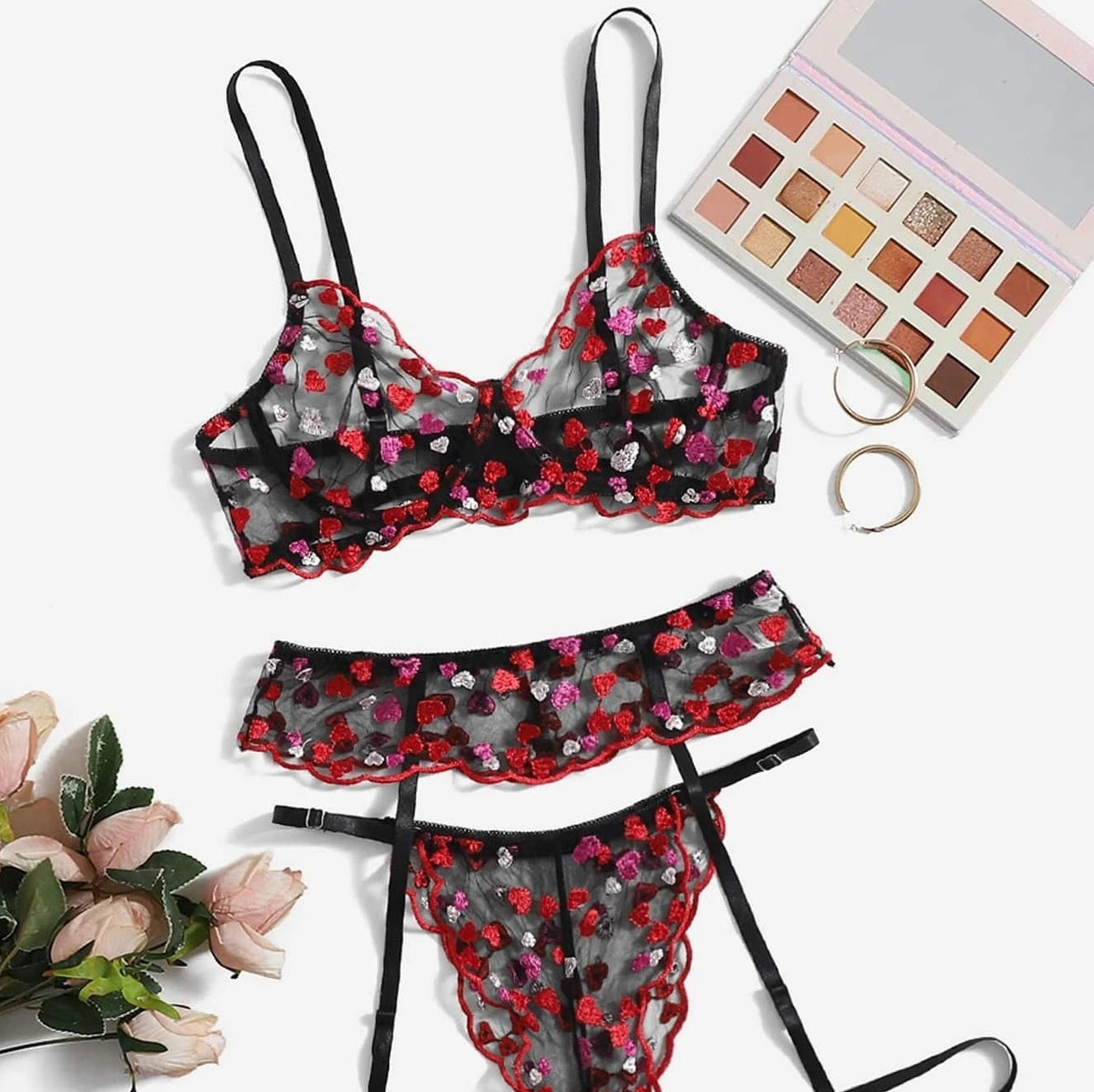 Romantic Heart Embroidery Lingerie Set - StylinArts-Basques-StylinArts