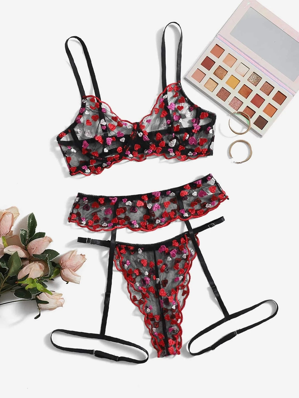 Romantic Heart Embroidery Lingerie Set - StylinArts-Basques-StylinArts