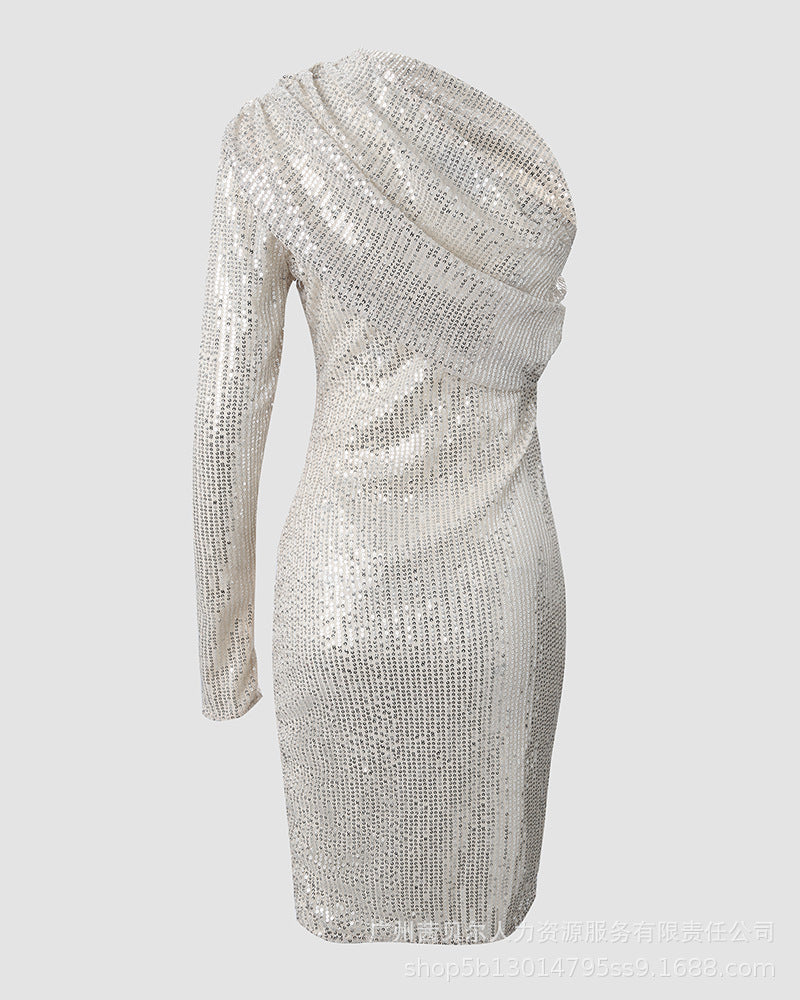 Stellar Shine: Silver One-Shoulder Sequin Formal Dress-One Shoulder-StylinArts