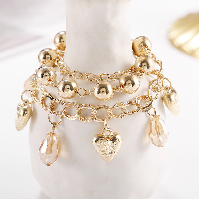 Golden Harmony: Heart & Crystal Layered Charm Bracelet-Fashion Necklaces-StylinArts