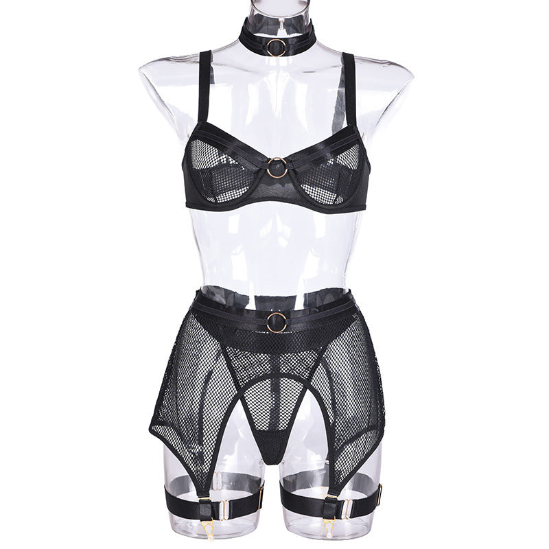 Celestial Seduction Mesh Lingerie Set with Choker and Garter Belt