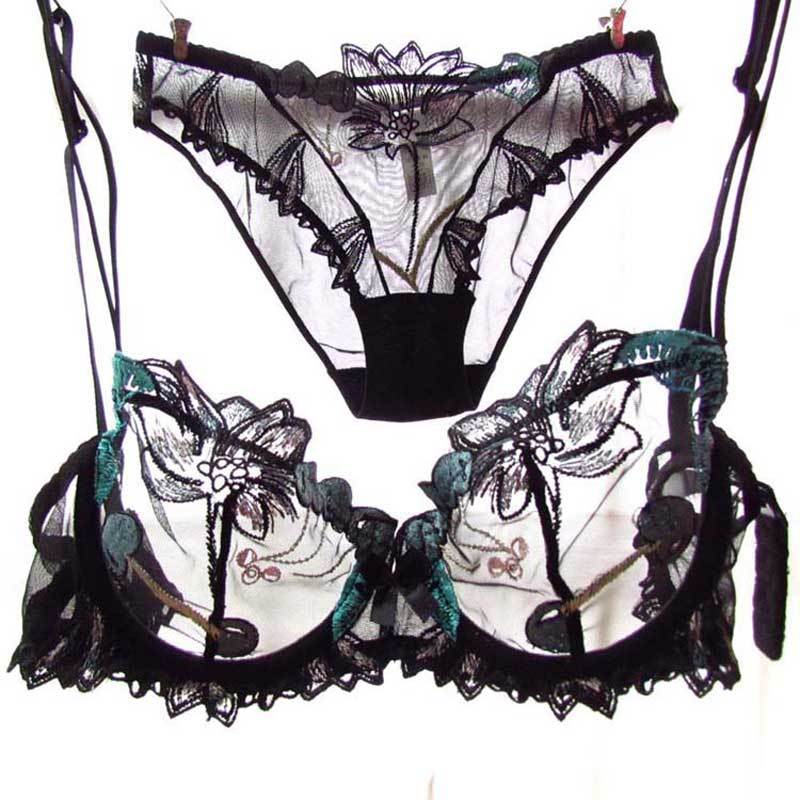 Midnight Garden Embroidered Lace Lingerie Set - StylinArts-Bras and Briefs-StylinArts