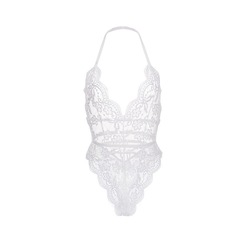 Enchanted Allure – Delicate Floral Lace Bodysuit with Plunging Neckline