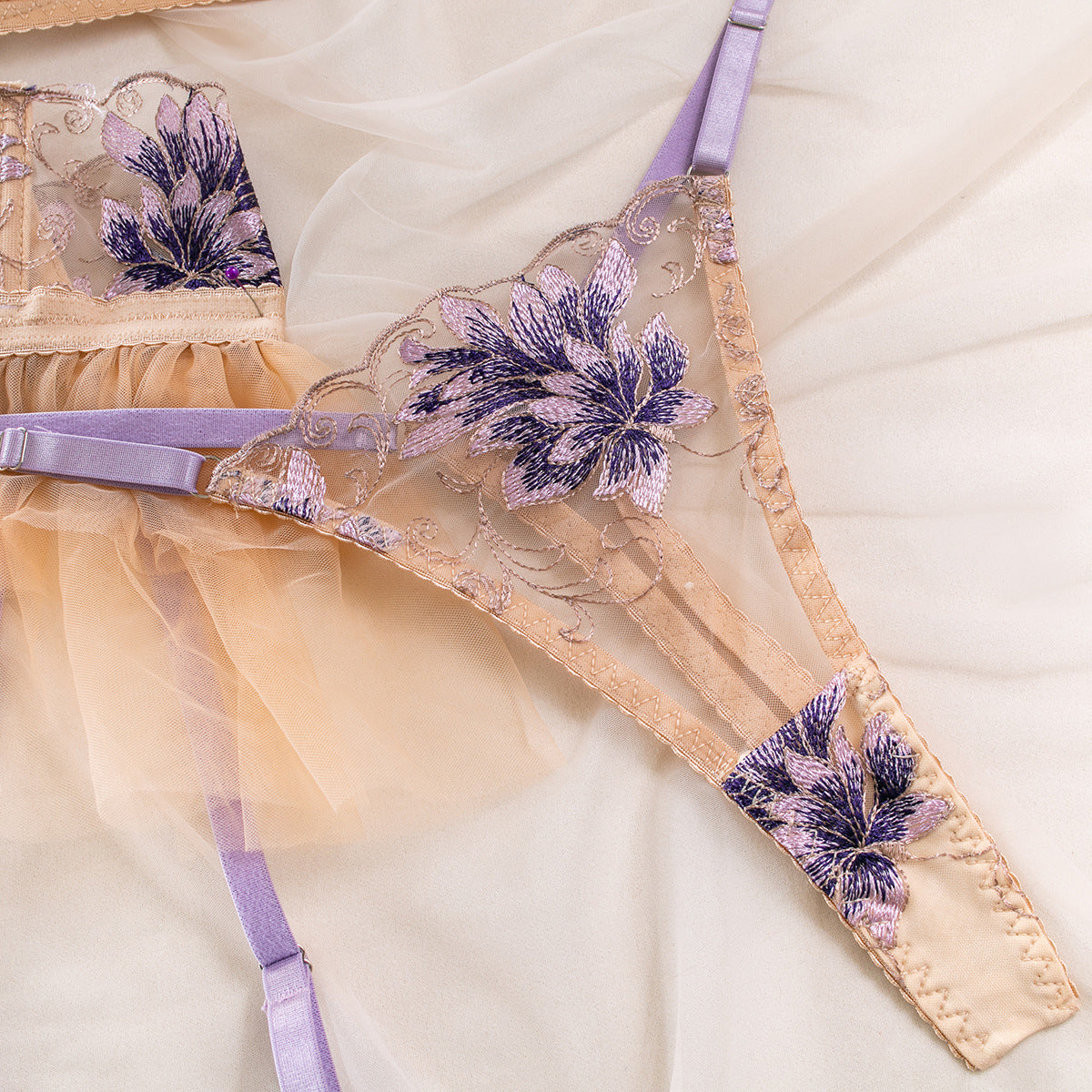 Whimsical Allure: Floral Embroidered Lingerie Set with Tulle Skirt-Basques-StylinArts